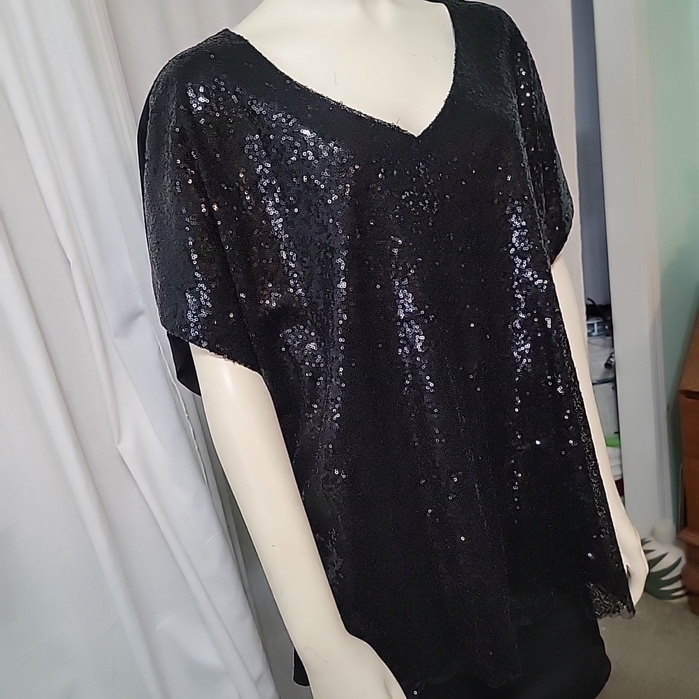 Avenue Black Sequin Blouse With Cutout Back - Picture 2 of 14